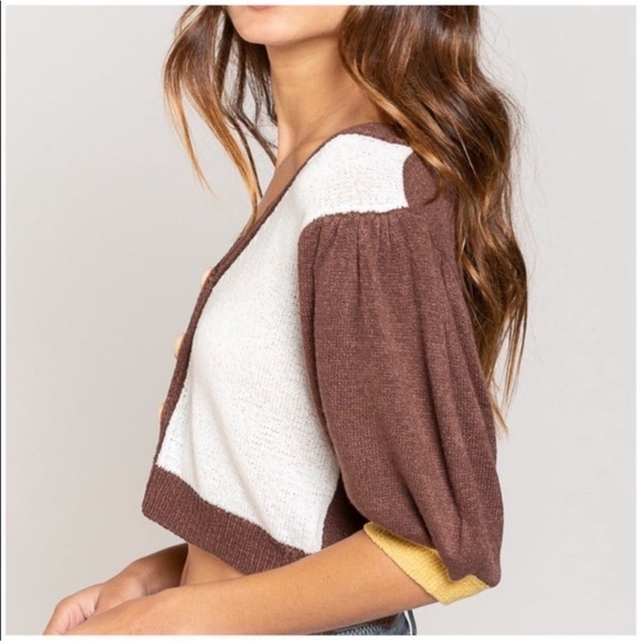 ✨POL✨ Colorblock Cardigan Sweater Brown Yellow - Picture 6 of 7
